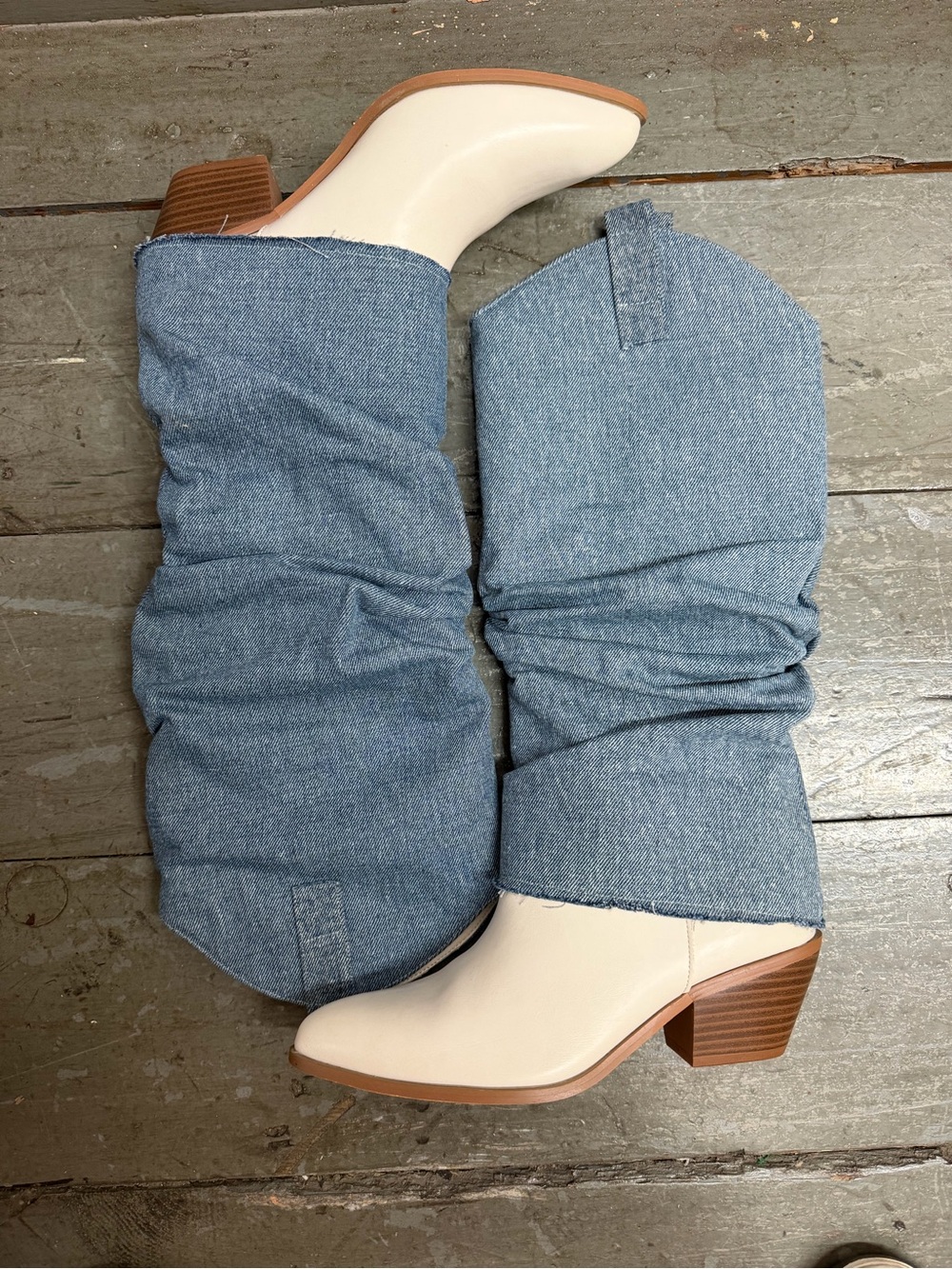 Steve Madden Cream Western Ankle Boots with Light Blue Denim Shaft